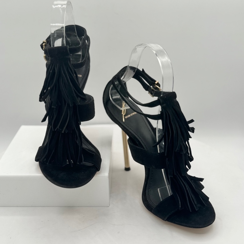 Brian Atwood‎ Luxury Suede Stiletto Gold Heels CL BLK SZ 6.5 MSRP $595